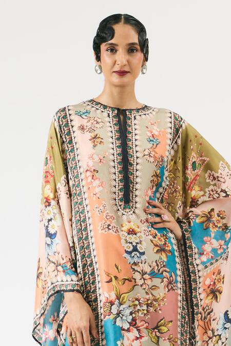Buy_Rajdeep Ranawat_Blue Silk Round Neck Beatrice Floral Print Kaftan _Online_at_Aza_Fashions
