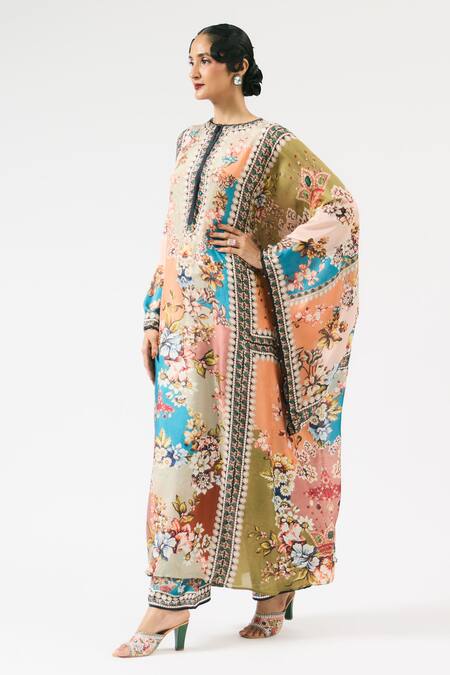 Shop_Rajdeep Ranawat_Blue Silk Round Neck Beatrice Floral Print Kaftan _Online_at_Aza_Fashions