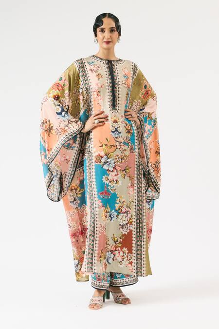 Rajdeep Ranawat_Blue Silk Round Neck Beatrice Floral Print Kaftan _at_Aza_Fashions