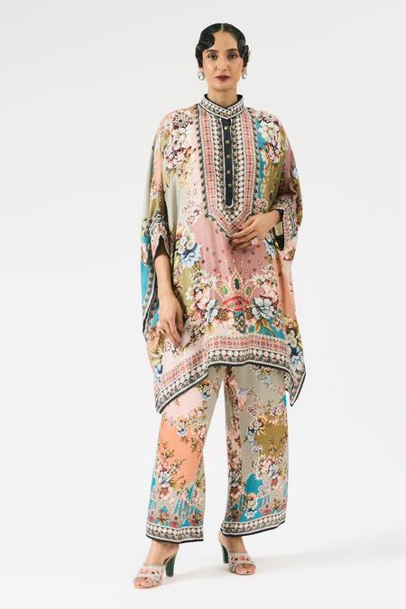 Rajdeep Ranawat Multi Color Silk Embroidery Round Neck Chanel Floral Print Tunic Online at Aza Fashions Rajdeep Ranawat_Multi Color Silk Embroidery Round Neck Chanel Floral Print Tunic _Online_at_Aza_Fashions