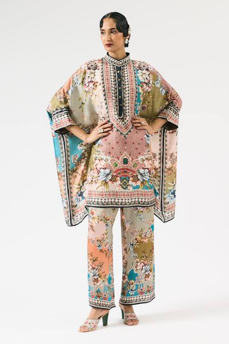 Buy Rajdeep Ranawat Multi Color Silk Embroidery Round Neck Chanel Floral Print Tunic Online at Aza Fashions Buy_Rajdeep Ranawat_Multi Color Silk Embroidery Round Neck Chanel Floral Print Tunic _Online_at_Aza_Fashions
