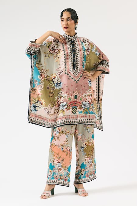 Shop Rajdeep Ranawat Multi Color Silk Embroidery Round Neck Chanel Floral Print Tunic Online at Aza Fashions Shop_Rajdeep Ranawat_Multi Color Silk Embroidery Round Neck Chanel Floral Print Tunic _Online_at_Aza_Fashions