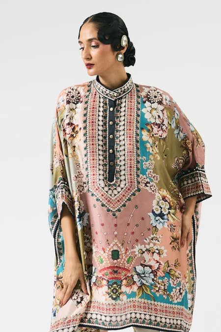 Rajdeep Ranawat Multi Color Silk Embroidery Round Neck Chanel Floral Print Tunic at Aza Fashions Rajdeep Ranawat_Multi Color Silk Embroidery Round Neck Chanel Floral Print Tunic _at_Aza_Fashions