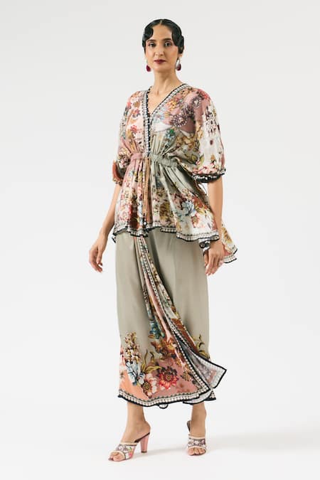 Rajdeep Ranawat Grey Silk Printed Floral V-neck Maheen Peplum Top 