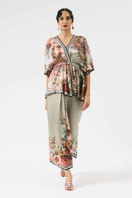Buy_Rajdeep Ranawat_Grey Silk Embroidery V-neck Maheen Floral Print Peplum Top _Online_at_Aza_Fashions