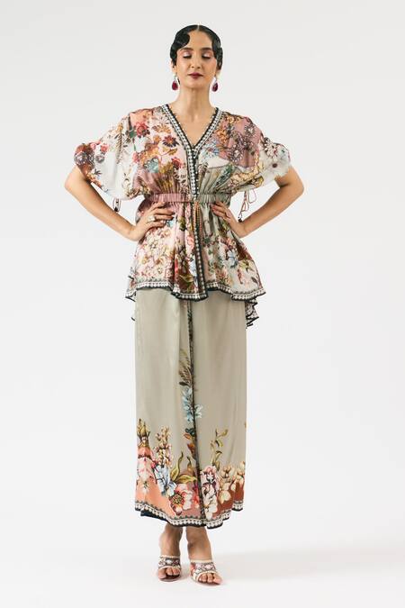 Shop_Rajdeep Ranawat_Grey Silk Embroidery V-neck Maheen Floral Print Peplum Top _Online_at_Aza_Fashions