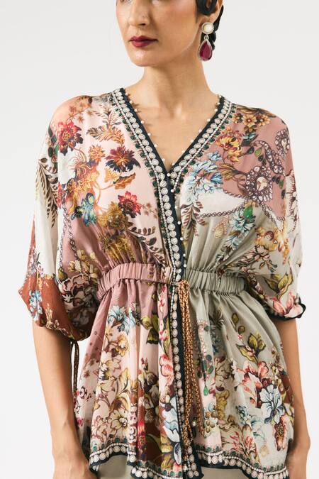 Rajdeep Ranawat_Grey Silk Embroidery V-neck Maheen Floral Print Peplum Top _at_Aza_Fashions