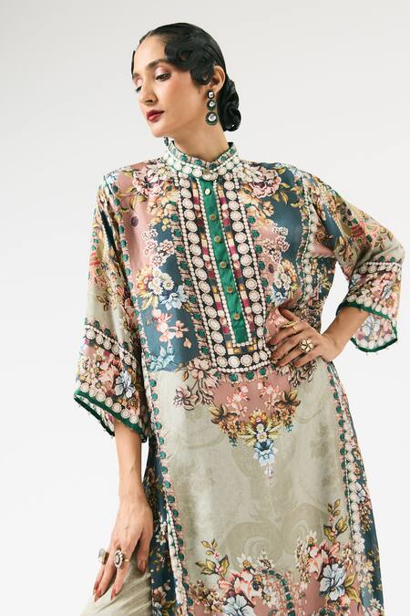 Rajdeep Ranawat Multi Color Silk Embroidery Bandeau Neck Ghazala Floral Print Tunic at Aza Fashions Rajdeep Ranawat_Multi Color Silk Embroidery Bandeau Neck Ghazala Floral Print Tunic _at_Aza_Fashions