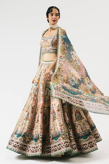 Rajdeep Ranawat_Multi Color Lycra, Kota Doria Sequins Leela Ornamental Print Lehenga Set _Online_at_Aza_Fashions