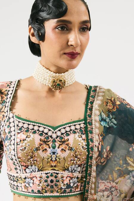 Shop_Rajdeep Ranawat_Multi Color Lycra, Kota Doria Sequins Leela Ornamental Print Lehenga Set _Online_at_Aza_Fashions