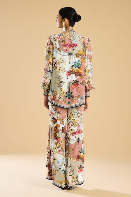 Shop Rajdeep Ranawat Ivory Silk, Chiffon Fringe Bandeau Neck Franchesca Floral Print Frilled Shirt at Aza Fashions Shop_Rajdeep Ranawat_Ivory Silk, Chiffon Fringe Bandeau Neck Franchesca Floral Print Frilled Shirt _at_Aza_Fashions