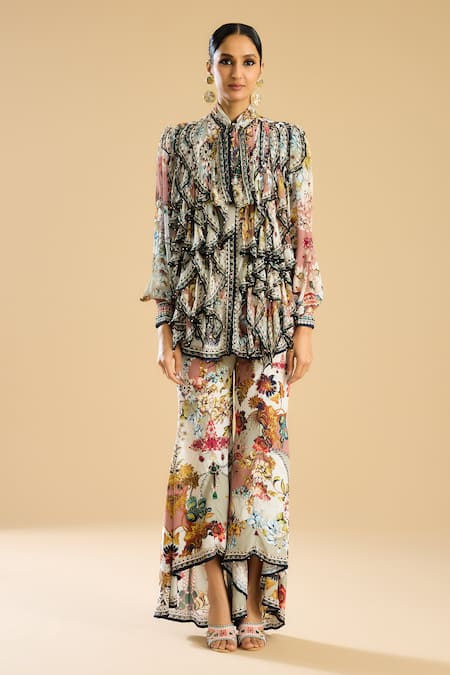 Buy Rajdeep Ranawat Ivory Silk, Chiffon Fringe Bandeau Neck Franchesca Floral Print Frilled Shirt Online at Aza Fashions Buy_Rajdeep Ranawat_Ivory Silk, Chiffon Fringe Bandeau Neck Franchesca Floral Print Frilled Shirt _Online_at_Aza_Fashions