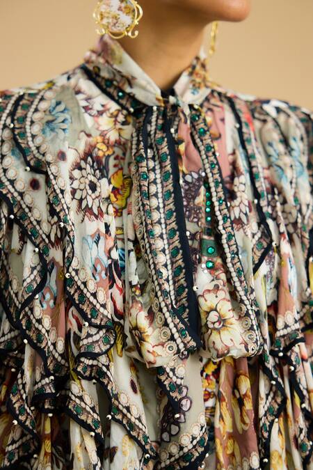 Rajdeep Ranawat Ivory Silk, Chiffon Fringe Bandeau Neck Franchesca Floral Print Frilled Shirt at Aza Fashions Rajdeep Ranawat_Ivory Silk, Chiffon Fringe Bandeau Neck Franchesca Floral Print Frilled Shirt _at_Aza_Fashions