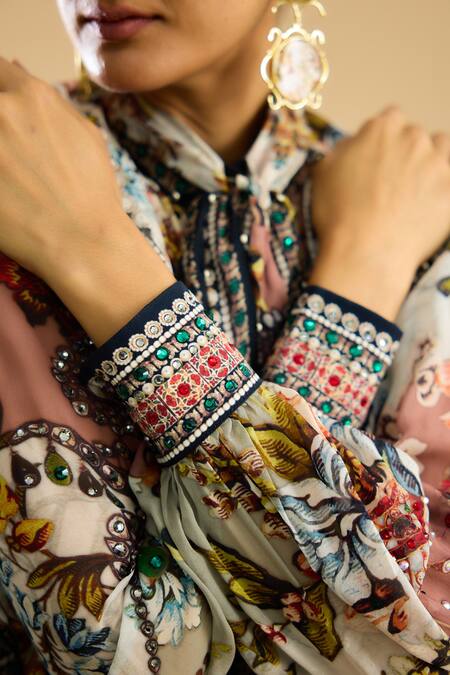 Buy Rajdeep Ranawat Ivory Silk, Chiffon Fringe Bandeau Neck Franchesca Floral Print Frilled Shirt Buy_Rajdeep Ranawat_Ivory Silk, Chiffon Fringe Bandeau Neck Franchesca Floral Print Frilled Shirt