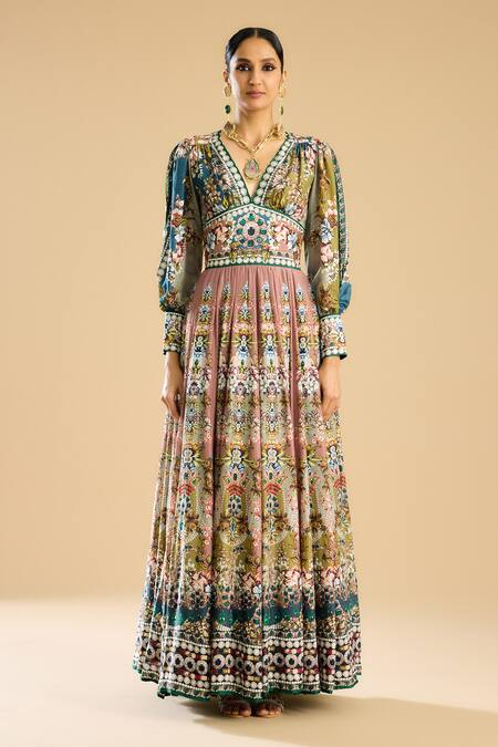 Rajdeep Ranawat Multi Color Silk Sequins, Beads V-neck Swara Floral Print Maxi Dress Online at Aza Fashions Rajdeep Ranawat_Multi Color Silk Sequins, Beads V-neck Swara Floral Print Maxi Dress _Online_at_Aza_Fashions