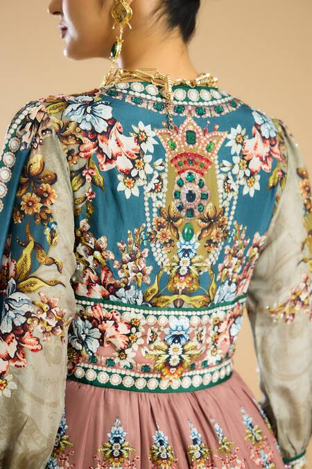 Buy Rajdeep Ranawat Multi Color Silk Sequins, Beads V-neck Swara Floral Print Maxi Dress Online at Aza Fashions Buy_Rajdeep Ranawat_Multi Color Silk Sequins, Beads V-neck Swara Floral Print Maxi Dress _Online_at_Aza_Fashions