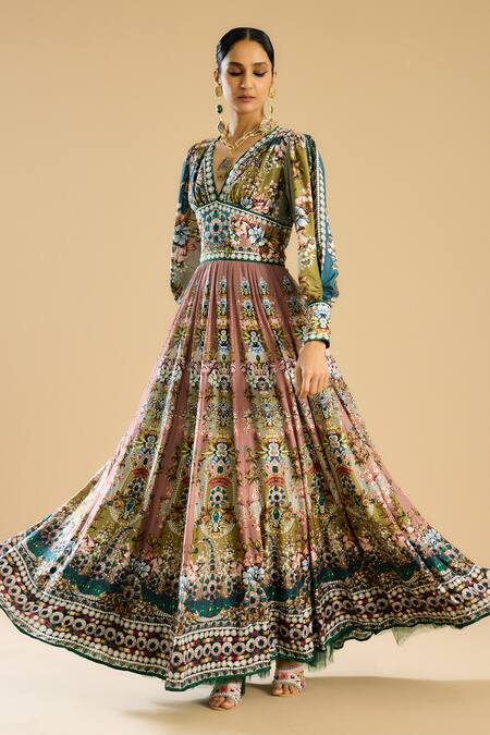 Rajdeep Ranawat Multi Color Silk Sequins, Beads V-neck Swara Floral Print Maxi Dress at Aza Fashions Rajdeep Ranawat_Multi Color Silk Sequins, Beads V-neck Swara Floral Print Maxi Dress _at_Aza_Fashions