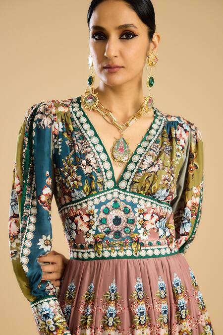 Buy Rajdeep Ranawat Multi Color Silk Sequins, Beads V-neck Swara Floral Print Maxi Dress Buy_Rajdeep Ranawat_Multi Color Silk Sequins, Beads V-neck Swara Floral Print Maxi Dress
