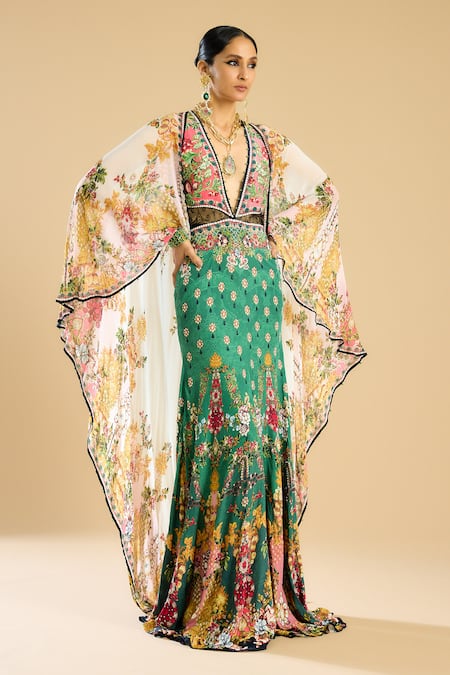 Rajdeep Ranawat Ivory Silk Crepe Printed Floral Plunging V Camilla Flared Gown 