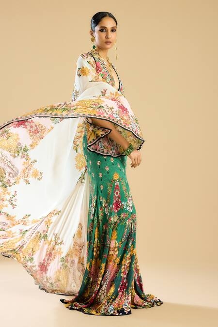 Buy_Rajdeep Ranawat_Ivory Chiffon, Silk Plunge Neck Camilla Floral Print Flared Gown _Online_at_Aza_Fashions