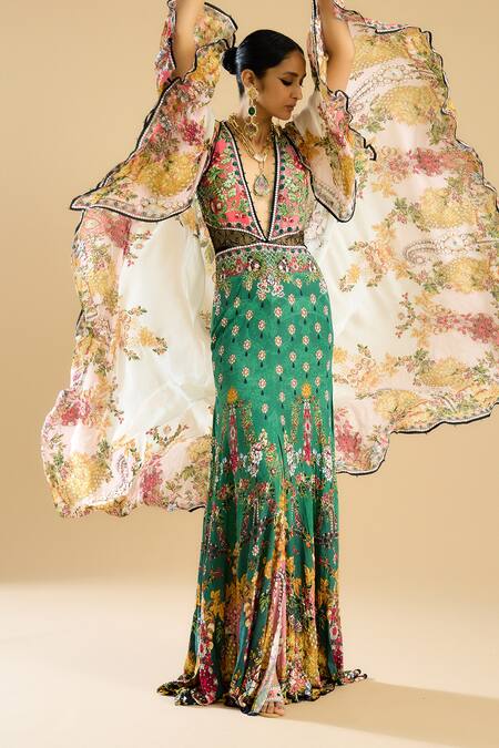 Shop_Rajdeep Ranawat_Ivory Chiffon, Silk Plunge Neck Camilla Floral Print Flared Gown _Online_at_Aza_Fashions