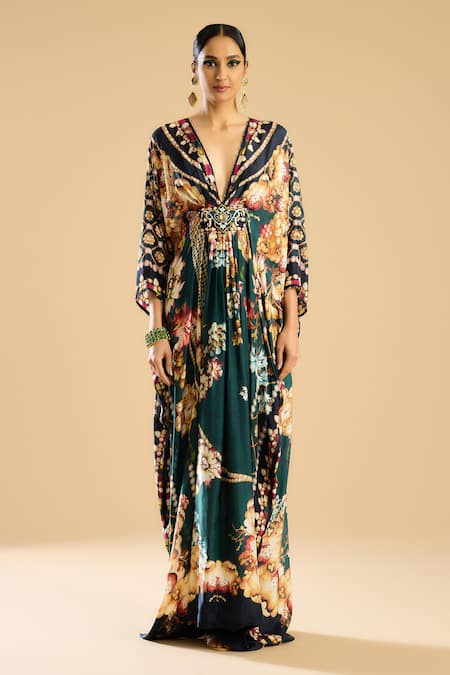 Rajdeep Ranawat_Green Silk Plunge Neck Imama Floral Print Kaftan _Online_at_Aza_Fashions