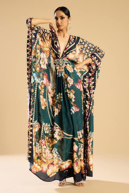 Shop_Rajdeep Ranawat_Green Silk Plunge Neck Imama Floral Print Kaftan _Online_at_Aza_Fashions
