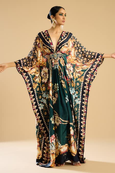 Rajdeep Ranawat_Green Silk Plunge Neck Imama Floral Print Kaftan _at_Aza_Fashions