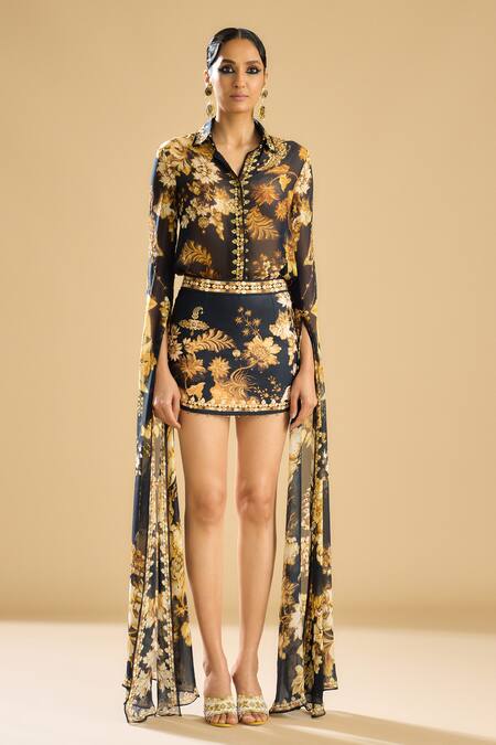 Rajdeep Ranawat Black Silk Embroidery Collared Maaya Print Long Sleeve Shirt Online at Aza Fashions Rajdeep Ranawat_Black Silk Embroidery Collared Maaya Print Long Sleeve Shirt _Online_at_Aza_Fashions