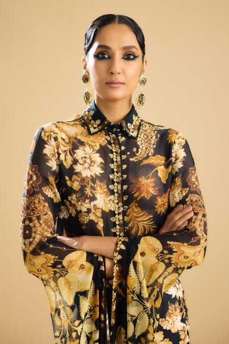 Buy Rajdeep Ranawat Black Silk Embroidery Collared Maaya Print Long Sleeve Shirt Online at Aza Fashions Buy_Rajdeep Ranawat_Black Silk Embroidery Collared Maaya Print Long Sleeve Shirt _Online_at_Aza_Fashions