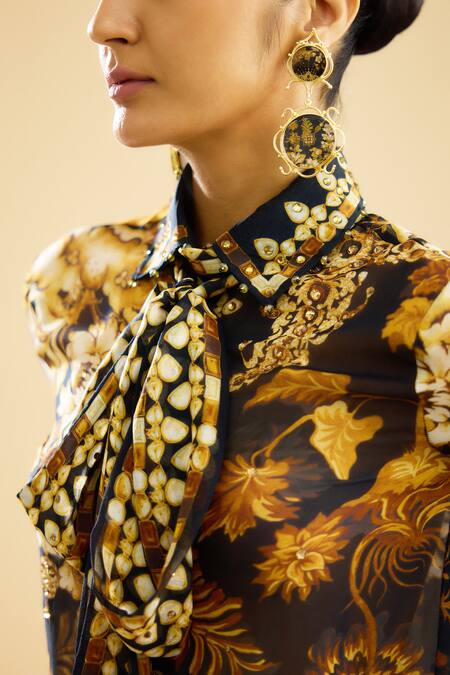 Rajdeep Ranawat Black Silk Embroidery Collared Maaya Print Long Sleeve Shirt at Aza Fashions Rajdeep Ranawat_Black Silk Embroidery Collared Maaya Print Long Sleeve Shirt _at_Aza_Fashions