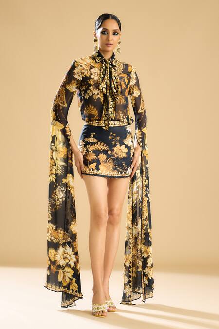 Rajdeep Ranawat_Black Polyester, Lycra Beads Nadia Printed Short Skirt _Online_at_Aza_Fashions