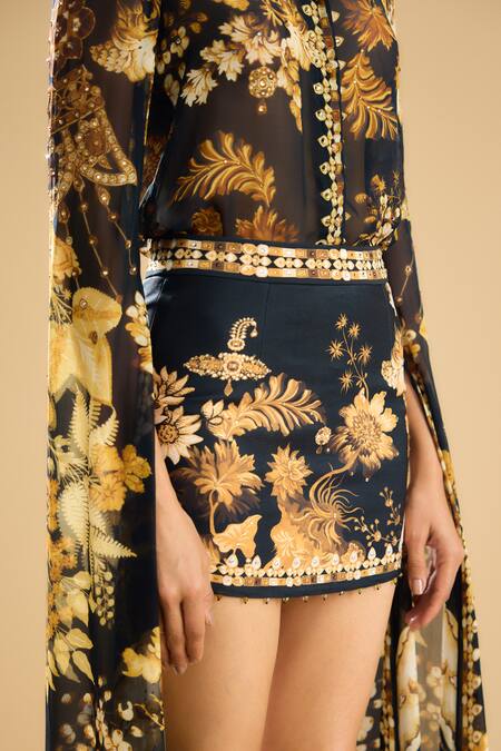 Shop_Rajdeep Ranawat_Black Polyester, Lycra Beads Nadia Printed Short Skirt _Online_at_Aza_Fashions