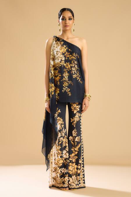 Rajdeep Ranawat_Black Silk Beads One Shoulder Sara Floral Print Tunic _Online_at_Aza_Fashions