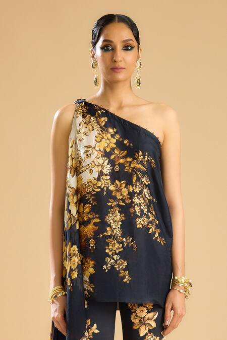 Buy_Rajdeep Ranawat_Black Silk Beads One Shoulder Sara Floral Print Tunic _Online_at_Aza_Fashions