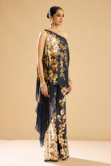 Shop_Rajdeep Ranawat_Black Silk Beads One Shoulder Sara Floral Print Tunic _Online_at_Aza_Fashions