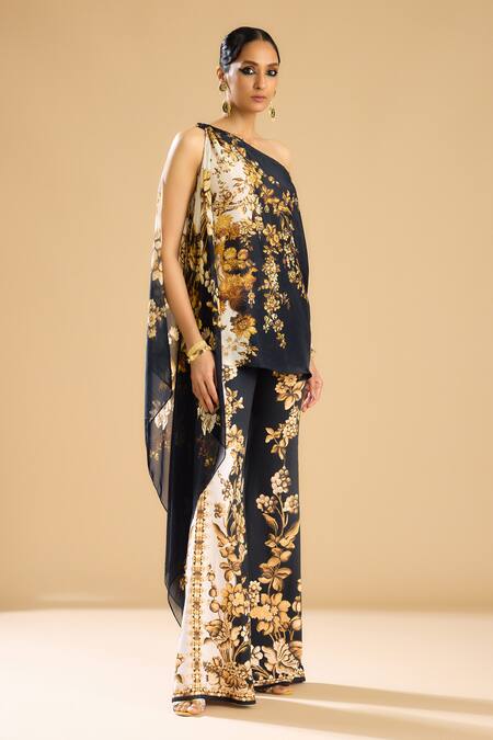 Rajdeep Ranawat_Black Silk Beads One Shoulder Sara Floral Print Tunic _at_Aza_Fashions