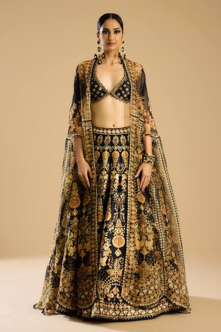 Rajdeep Ranawat_Black Organza Open Neck Hanoi Floral Print Shrug _Online_at_Aza_Fashions