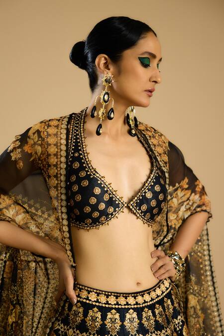 Shop_Rajdeep Ranawat_Black Organza Open Neck Hanoi Floral Print Shrug _Online_at_Aza_Fashions