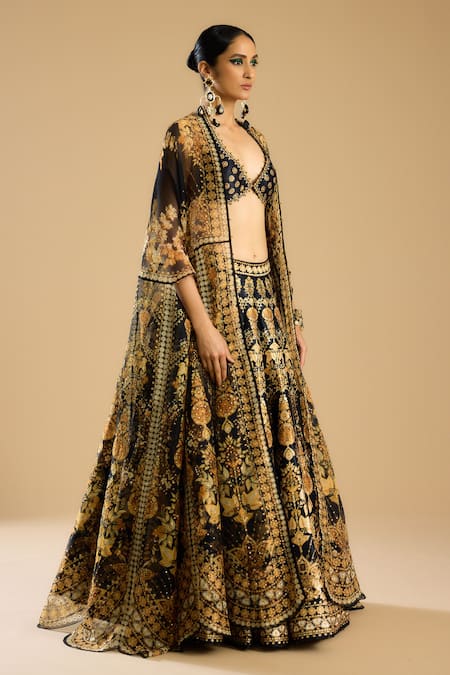 Shop_Rajdeep Ranawat_Black Beads, Embroidery Leela Floral Print Work Lehenga _Online_at_Aza_Fashions