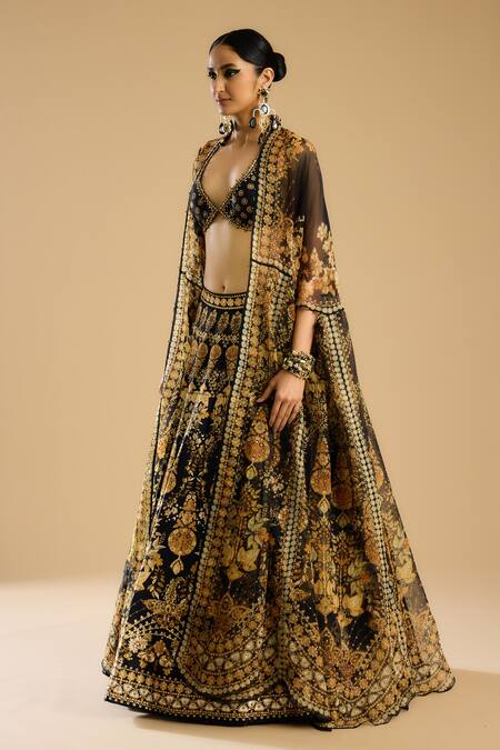 Rajdeep Ranawat_Black Beads, Embroidery Leela Floral Print Work Lehenga _at_Aza_Fashions