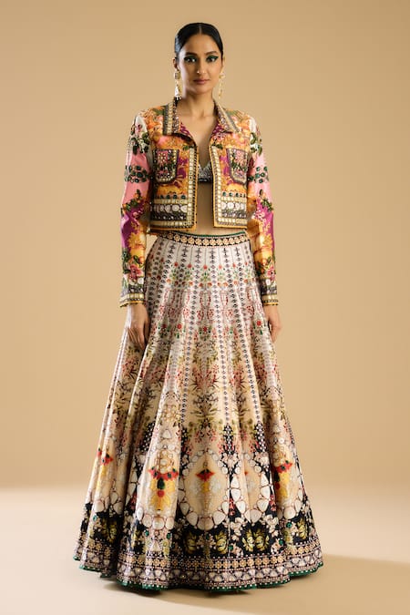 Rajdeep Ranawat Multi Color Dupion Printed Floral Leela Embroidered Lehenga 