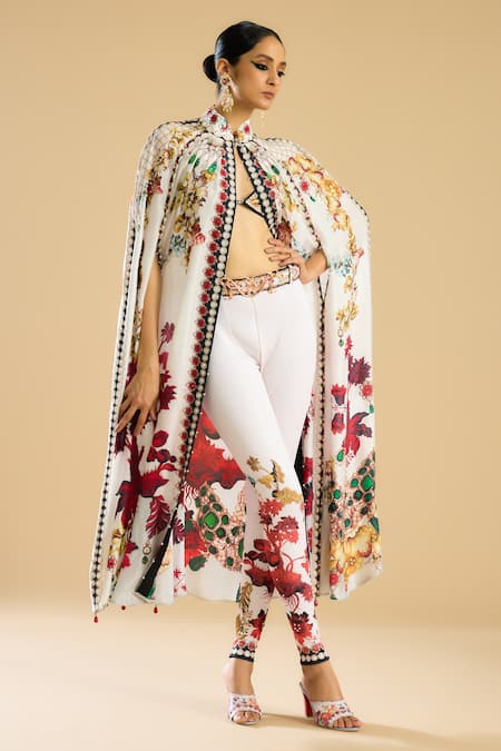 Shop Rajdeep Ranawat Ivory Polyester, Lycra Nizam Floral Border Print Leggings at Aza Fashions Shop_Rajdeep Ranawat_Ivory Polyester, Lycra Nizam Floral Border Print Leggings _at_Aza_Fashions