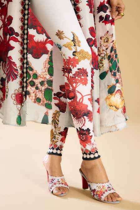 Shop Rajdeep Ranawat Ivory Polyester, Lycra Nizam Floral Border Print Leggings Online at Aza Fashions Shop_Rajdeep Ranawat_Ivory Polyester, Lycra Nizam Floral Border Print Leggings _Online_at_Aza_Fashions
