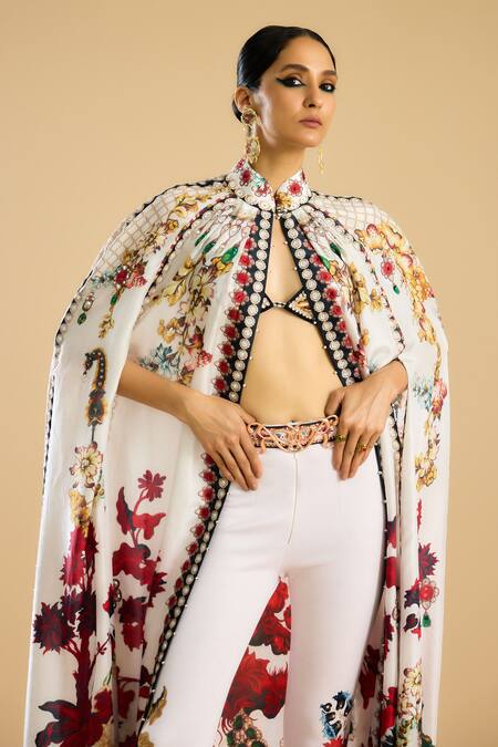 Buy Rajdeep Ranawat Ivory Polyester, Lycra Nizam Floral Border Print Leggings Buy_Rajdeep Ranawat_Ivory Polyester, Lycra Nizam Floral Border Print Leggings