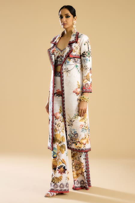 Rajdeep Ranawat Ivory Dutches Satin Printed Floral Lapel Collar Freya Long Jacket 