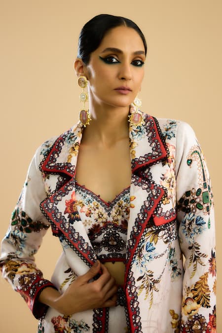 Buy_Rajdeep Ranawat_Ivory Denim Embroidery Collared Freya Floral Print Long Jacket _Online_at_Aza_Fashions