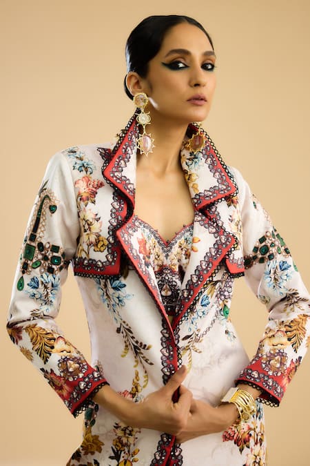 Rajdeep Ranawat_Ivory Denim Embroidery Collared Freya Floral Print Long Jacket _at_Aza_Fashions