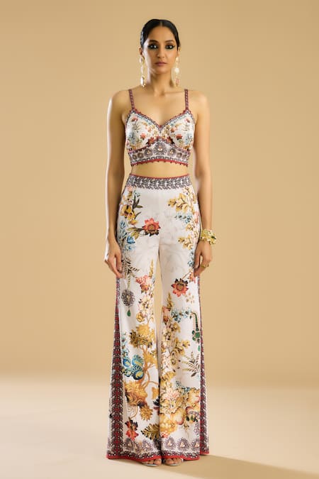 Rajdeep Ranawat_Ivory Satin Embroidery, Beads Bridgette Floral Print Bralette _Online_at_Aza_Fashions