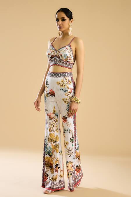 Buy_Rajdeep Ranawat_Ivory Satin Embroidery, Beads Bridgette Floral Print Bralette _Online_at_Aza_Fashions